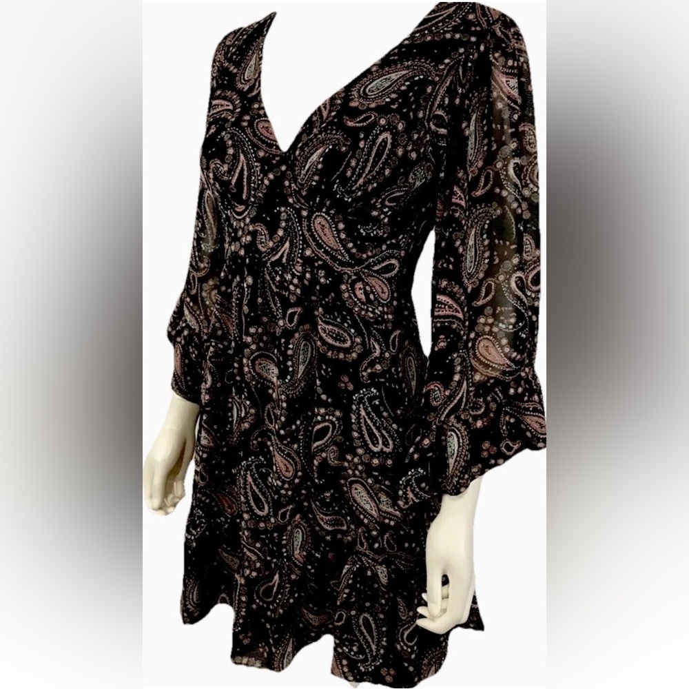 Betsey Johnson Dress 6 Cute Black Pink Paisley Bell Sleeve Dark Fairy Whimsigoth